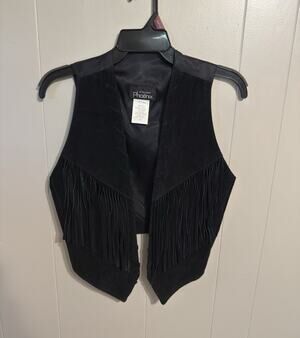 Phoenix Women’s Black Leather Open-Front Fringe Western Lined Vest Size L